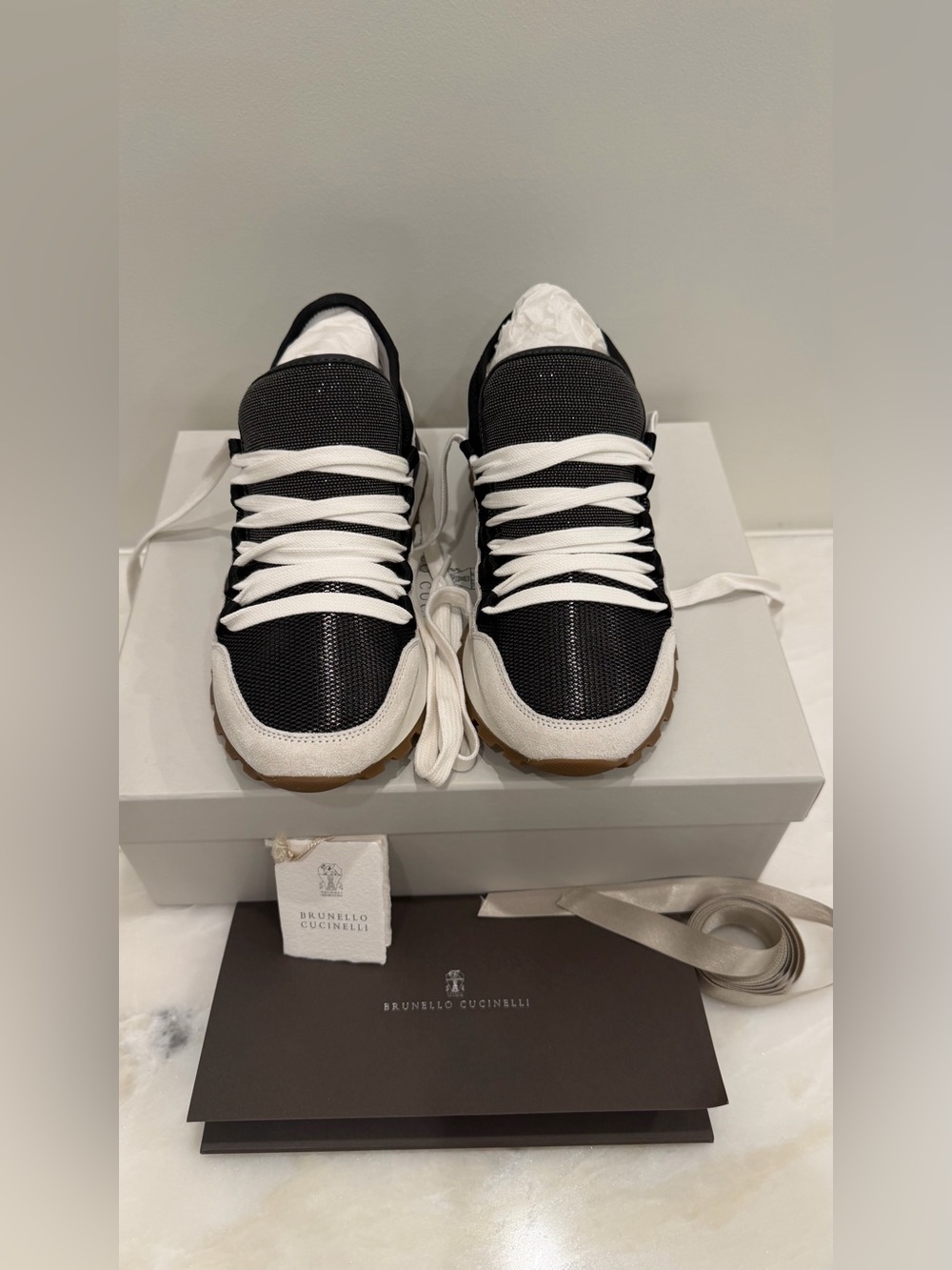 Brunello Cucinelli Sneakers in White Suede w/ monolith embellishments; Sz. 35